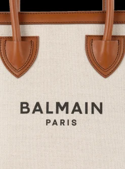 Women Balmain Ecru Canvas B-Army 26 Bag With Brown Leather Panels