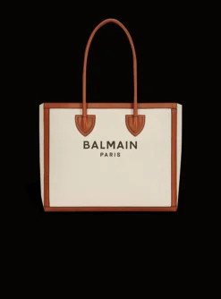 Women Balmain Ecru Canvas B-Army 42 Tote Bag With Brown Leather Panels