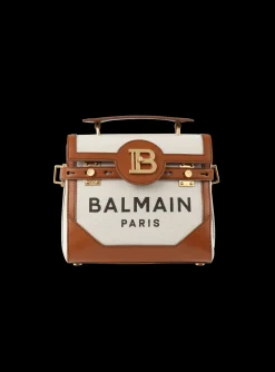 Women Balmain Ecru Canvas B-Buzz 23 Bag With Brown Leather Panels