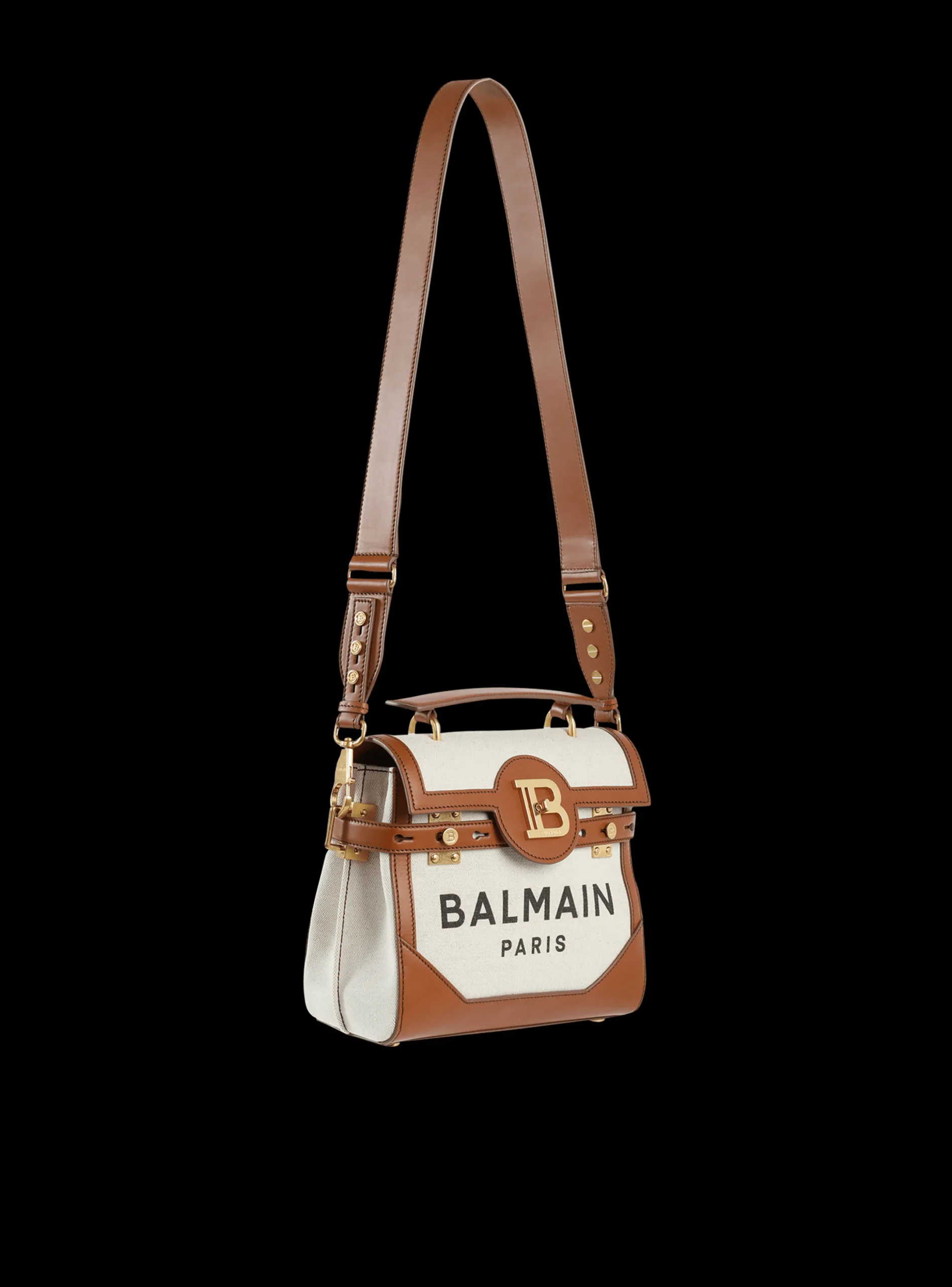 Women Balmain Ecru Canvas B-Buzz 23 Bag With Brown Leather Panels