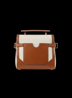 Women Balmain Ecru Canvas B-Buzz 23 Bag With Brown Leather Panels