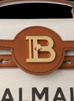 Women Balmain Ecru Canvas B-Buzz 23 Bag With Brown Leather Panels