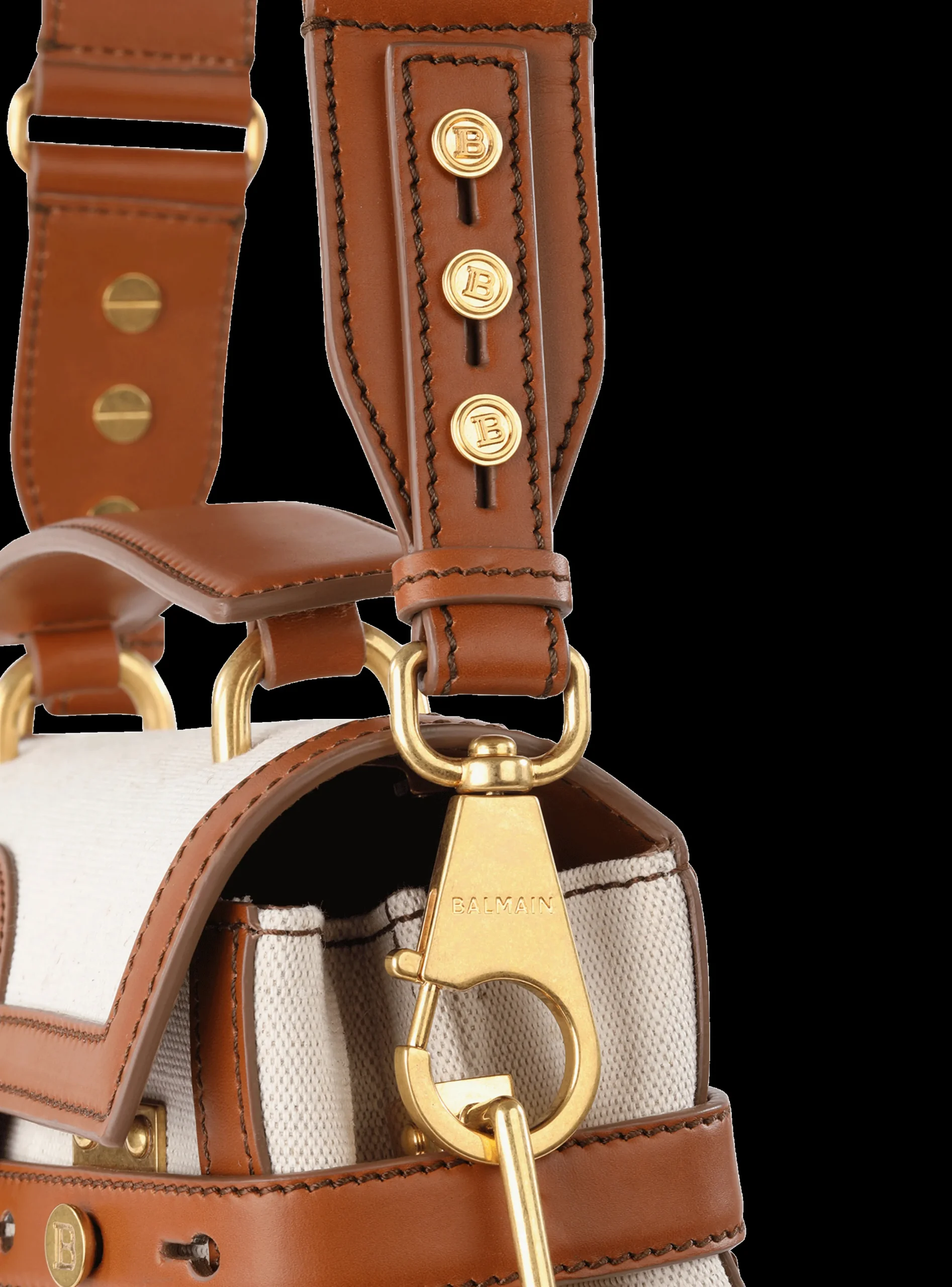 Women Balmain Ecru Canvas B-Buzz 23 Bag With Brown Leather Panels
