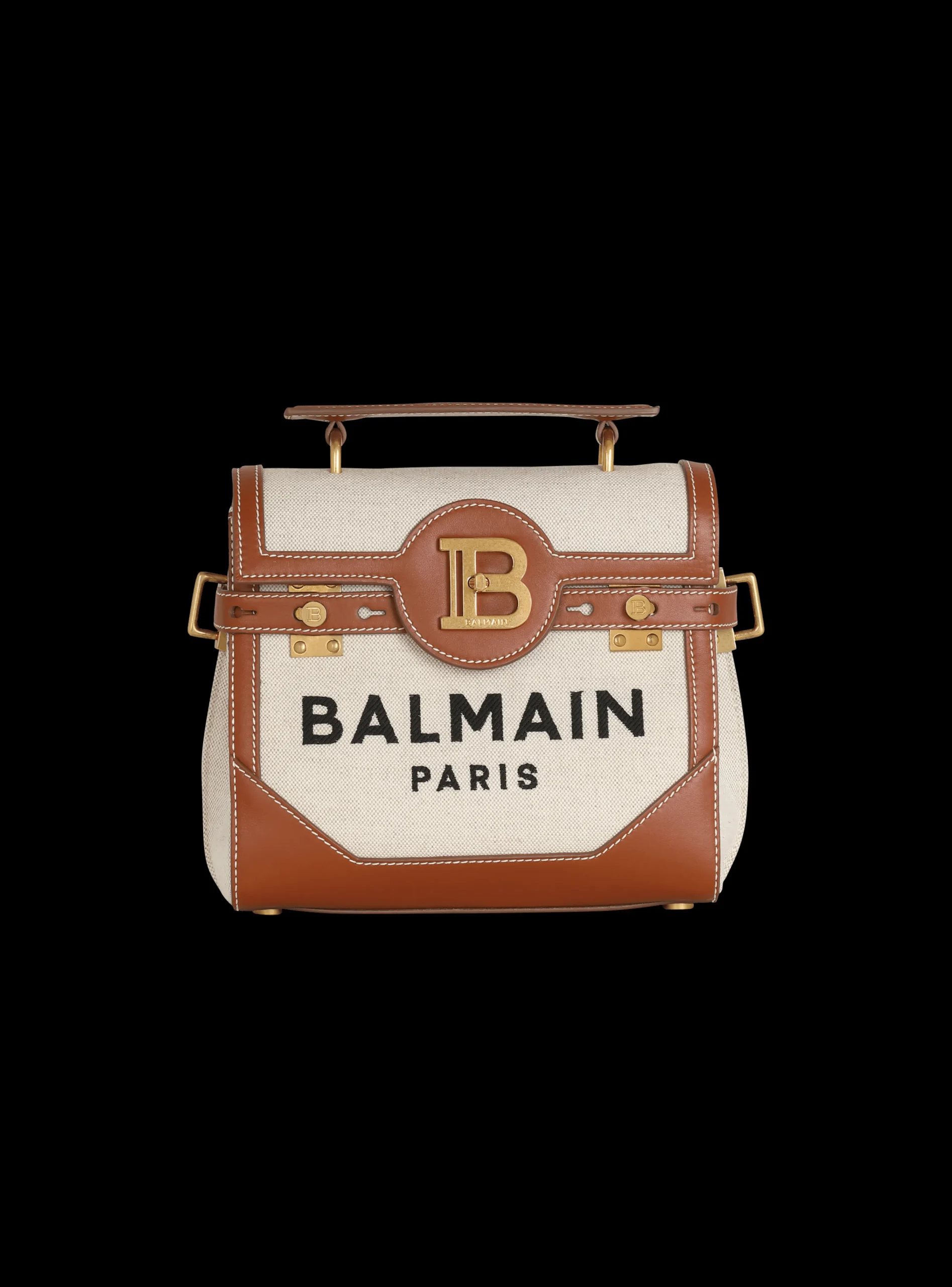 Women Balmain Ecru Canvas B-Buzz 23 Bag With Leather Panels