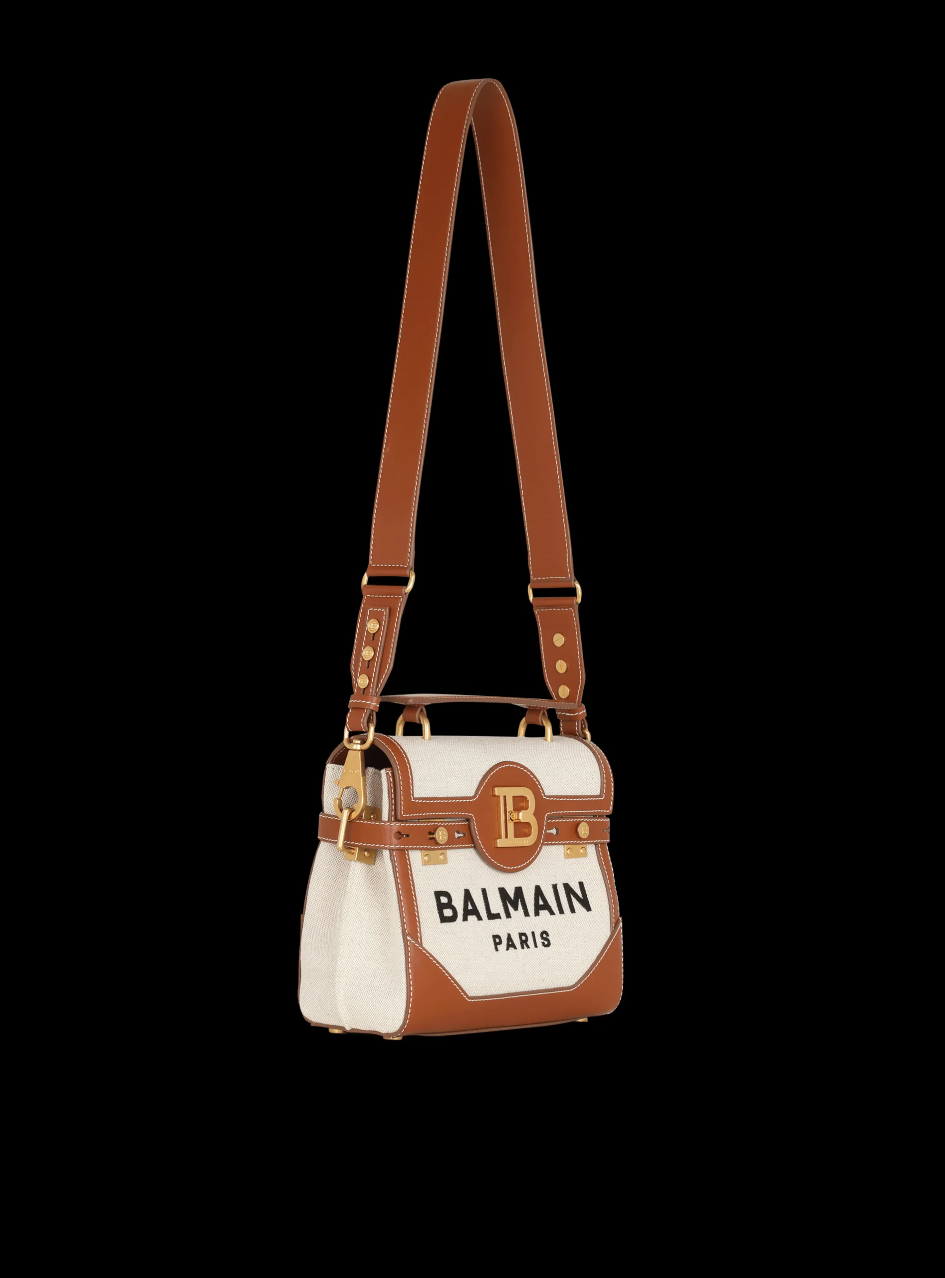 Women Balmain Ecru Canvas B-Buzz 23 Bag With Leather Panels