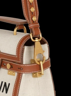Women Balmain Ecru Canvas B-Buzz 23 Bag With Leather Panels