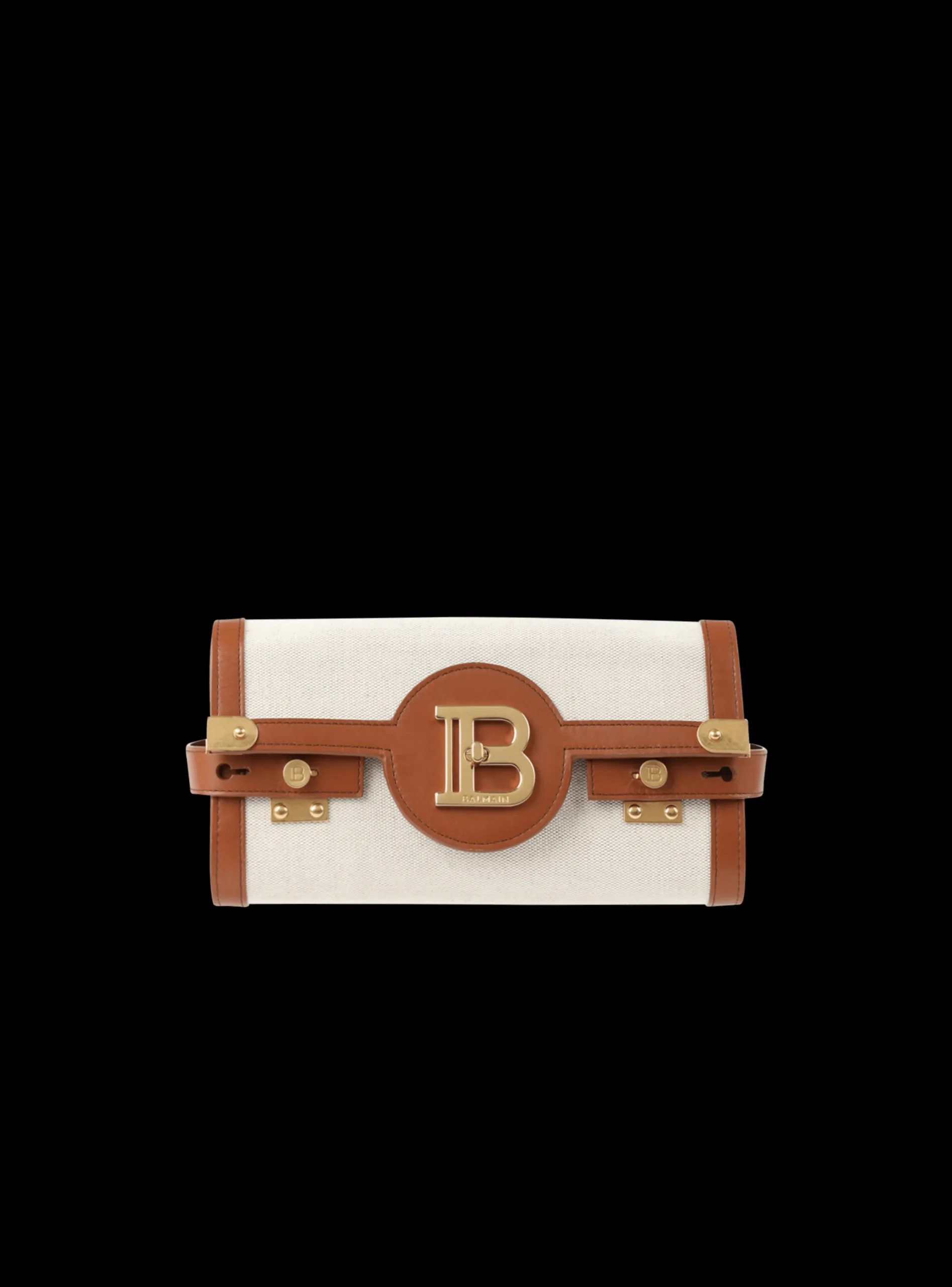 Women Balmain Ecru Canvas B-Buzz 23 Clutch With Brown Leather Panels