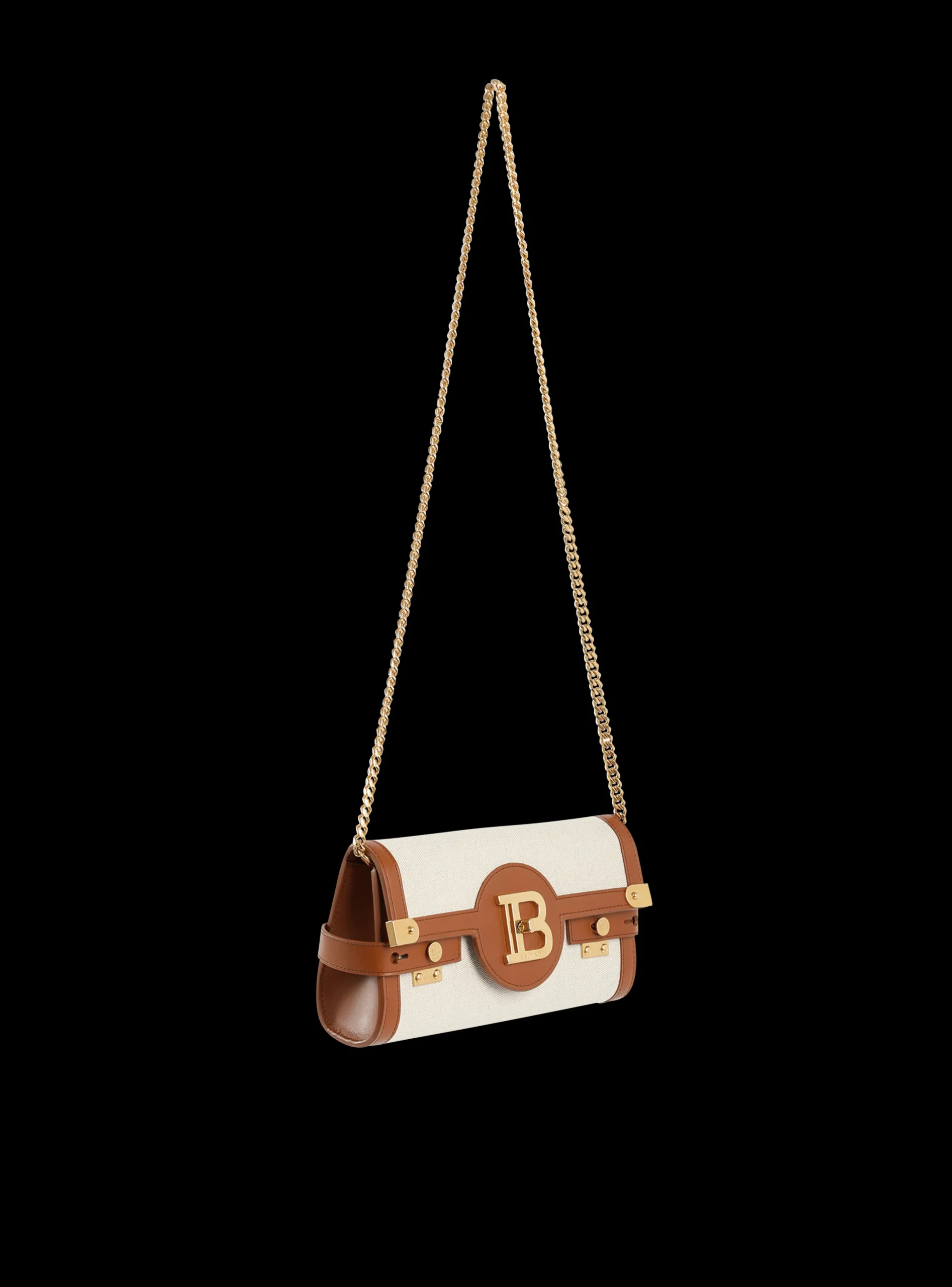Women Balmain Ecru Canvas B-Buzz 23 Clutch With Brown Leather Panels