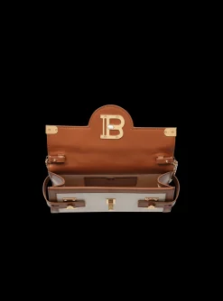 Women Balmain Ecru Canvas B-Buzz 23 Clutch With Brown Leather Panels