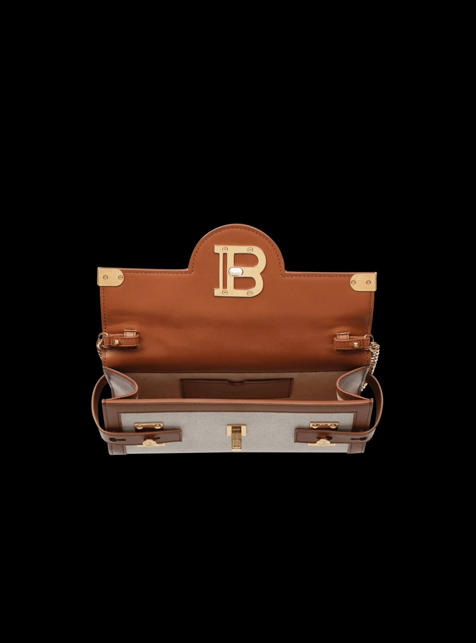 Women Balmain Ecru Canvas B-Buzz 23 Clutch With Brown Leather Panels