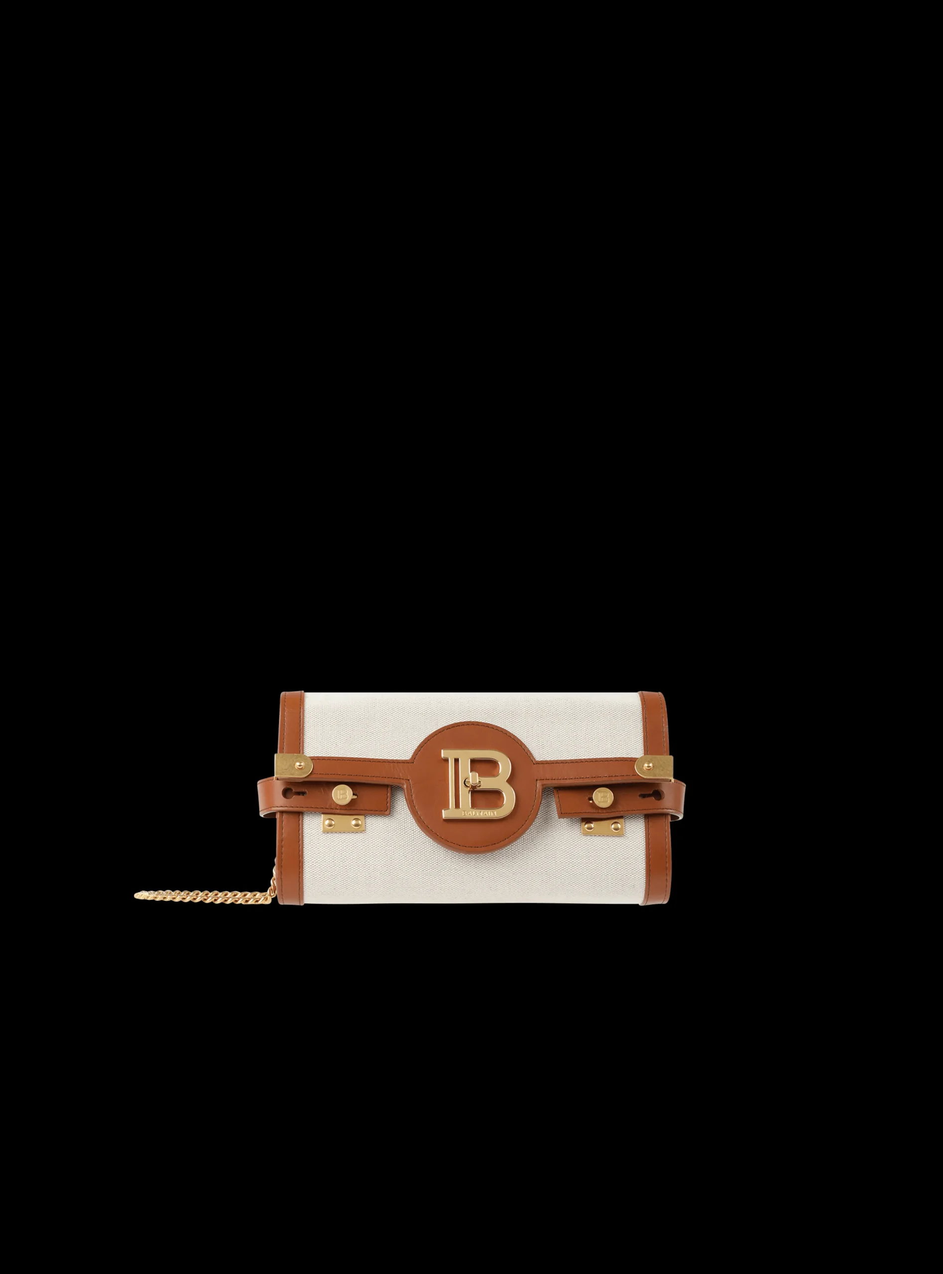 Women Balmain Ecru Canvas B-Buzz 23 Clutch With Brown Leather Panels