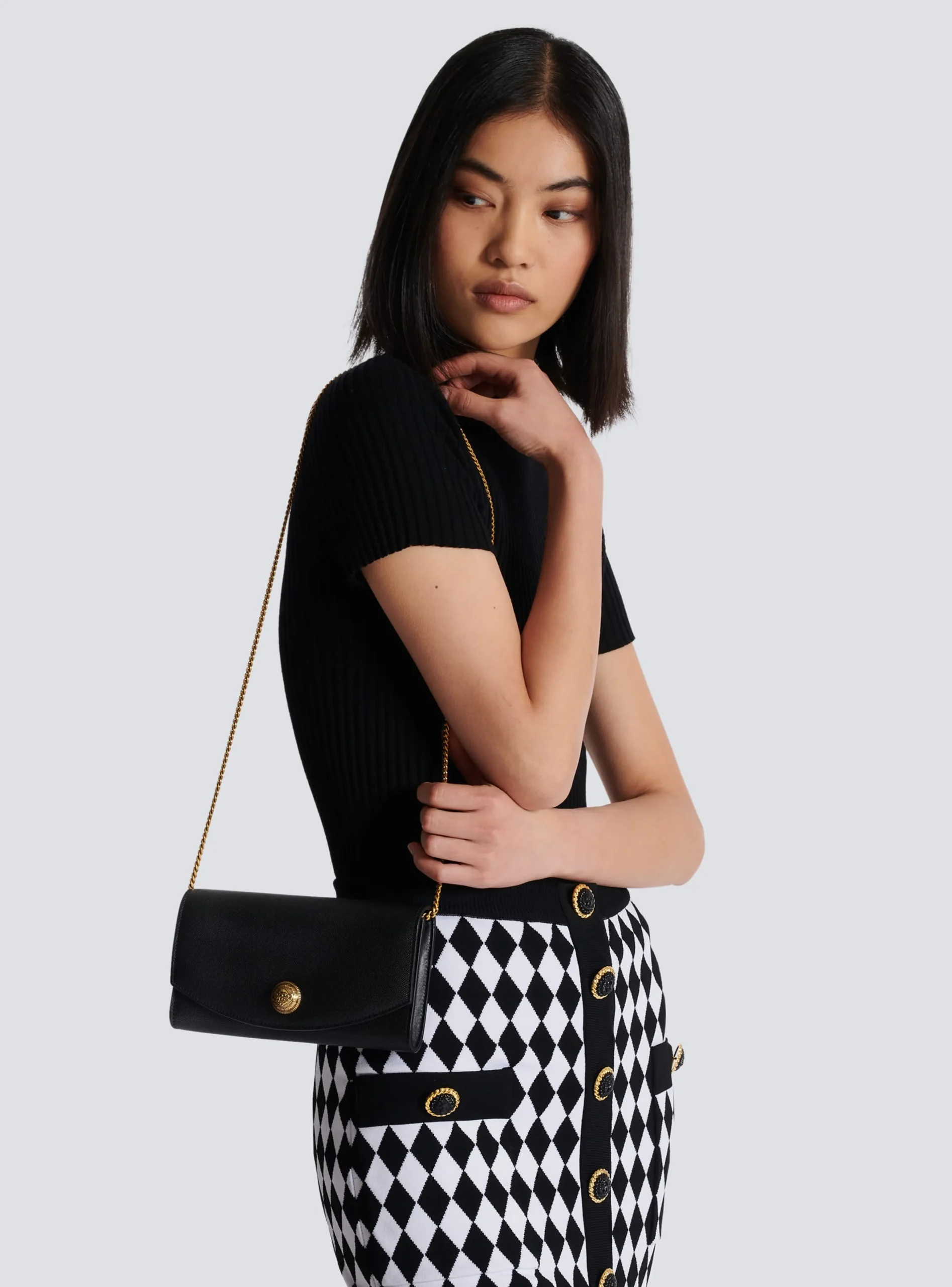 Women Balmain Emblème Grained Calfskin Clutch
