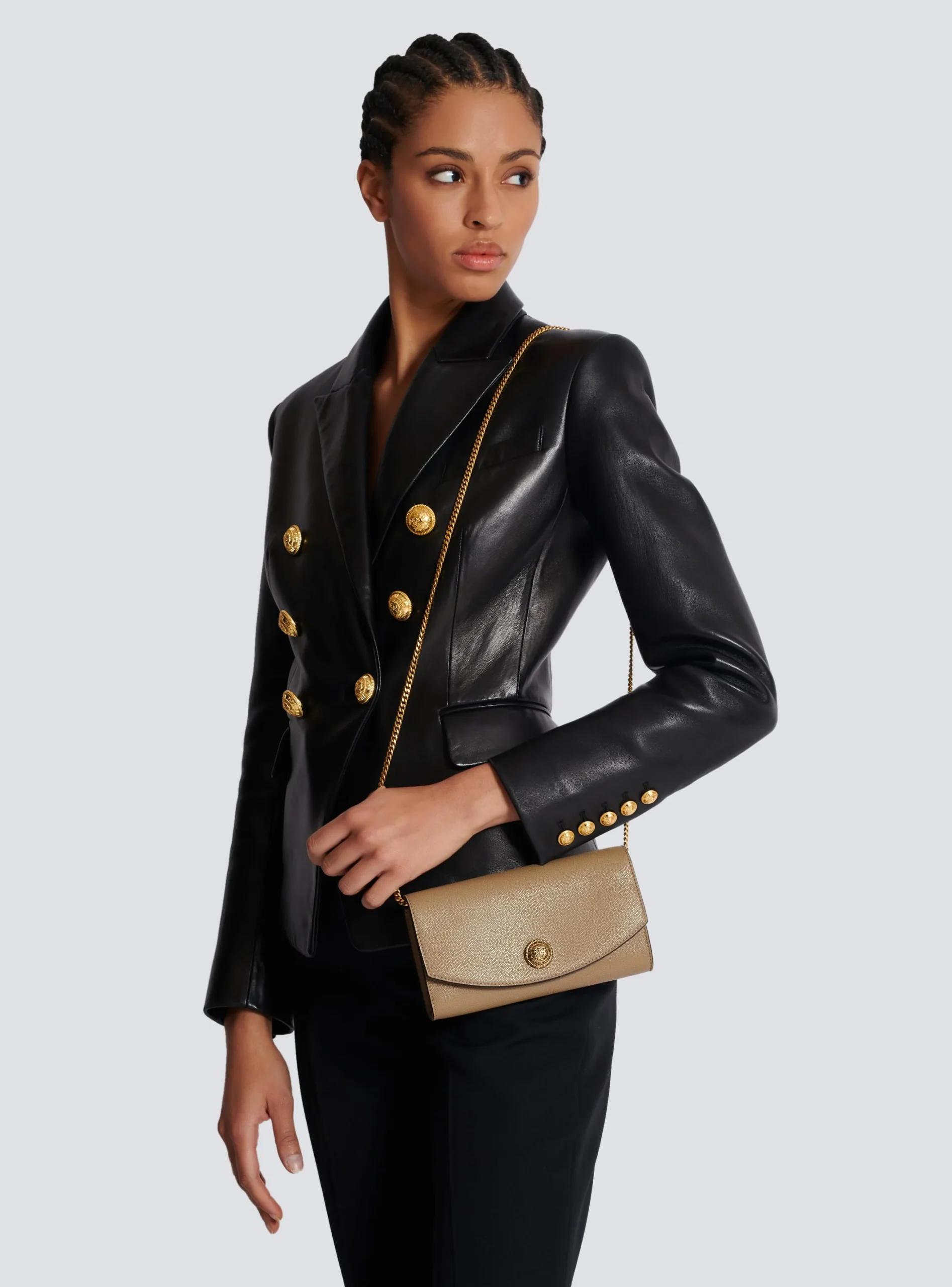 Women Balmain Emblème Grained Calfskin Clutch