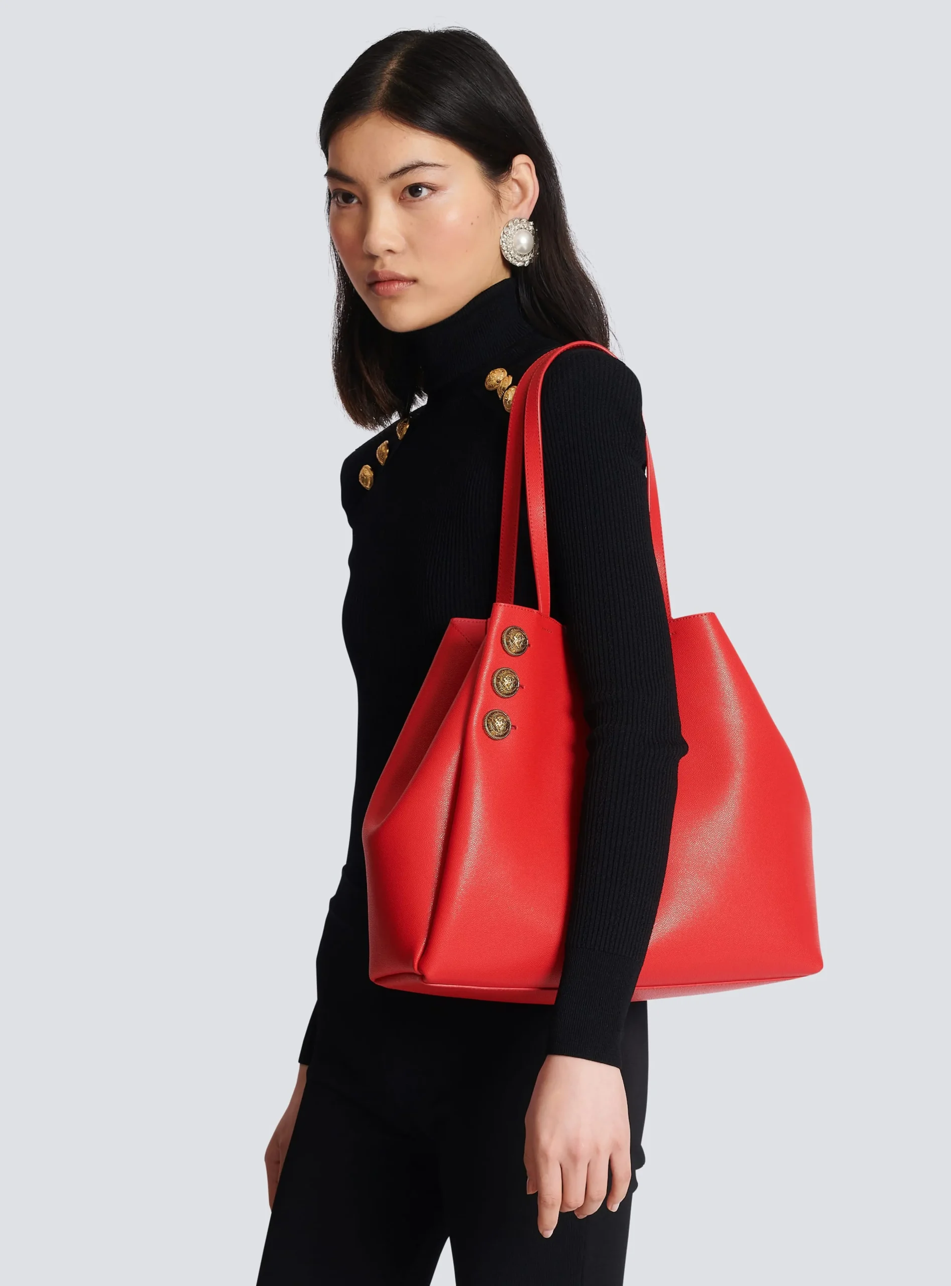 Women Balmain Emblème Grained Leather Tote Bag
