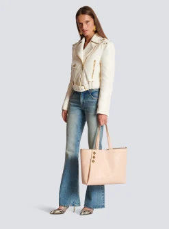 Women Balmain Embl&egrave;me Grained Leather Tote Bag