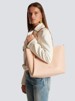 Women Balmain Embl&egrave;me Grained Leather Tote Bag