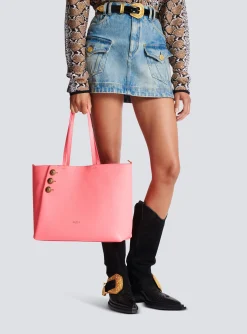 Women Balmain Embl&egrave;me Grained Leather Tote Bag