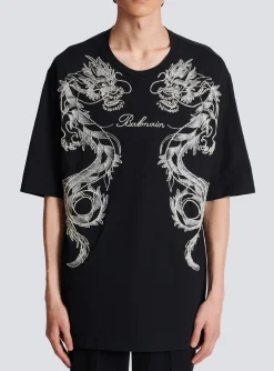 Balmain Embroidered Dragon T-shirt With Rhinestones