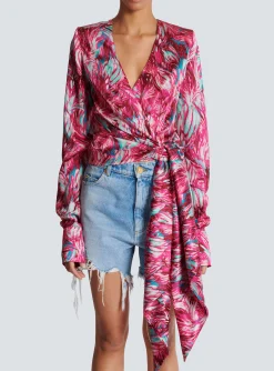 Women Balmain Feather Print Satin Wrap Blouse