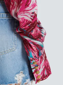 Women Balmain Feather Print Satin Wrap Blouse