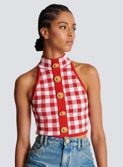 Women Balmain Fine Gingham Knit Tank Top