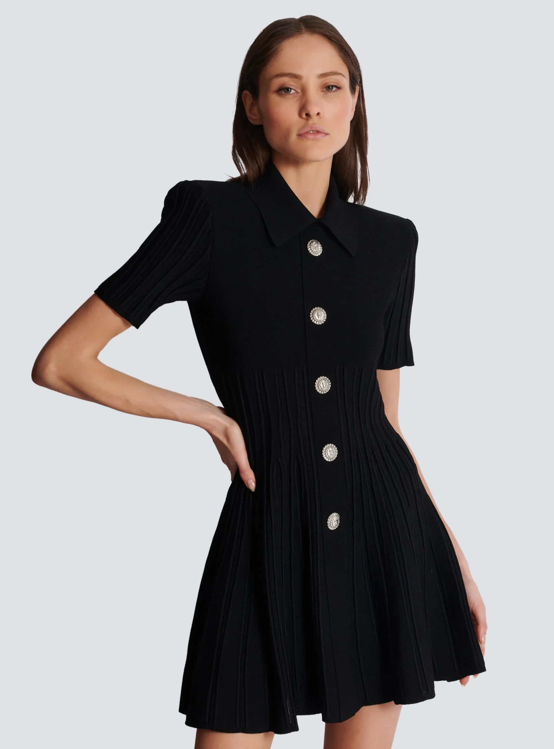 Women Balmain Flared Knit Dress With Buttons