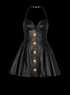 Women Balmain Flared Pleated Halterneck Dress In Leather