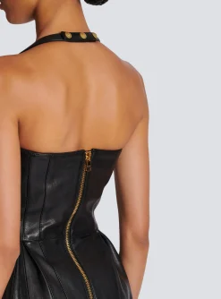 Women Balmain Flared Pleated Halterneck Dress In Leather