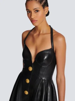 Women Balmain Flared Pleated Halterneck Dress In Leather
