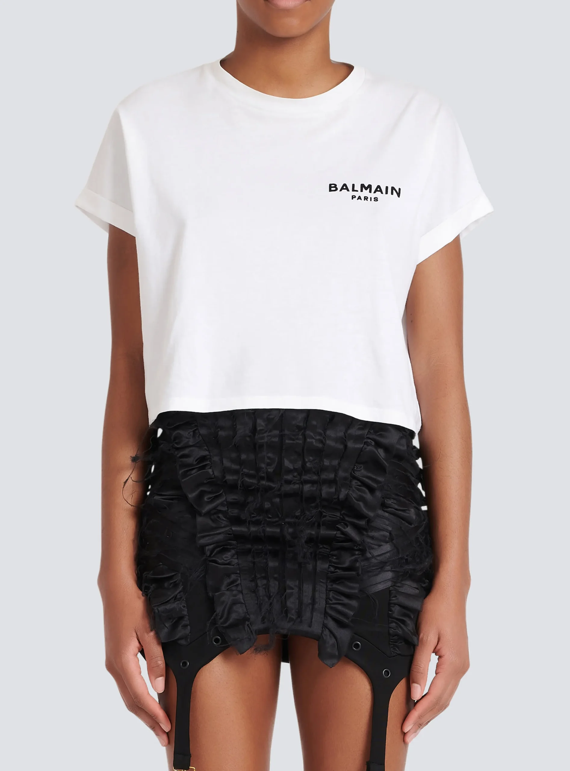 Women Balmain Flocked Paris Cropped T-Shirt