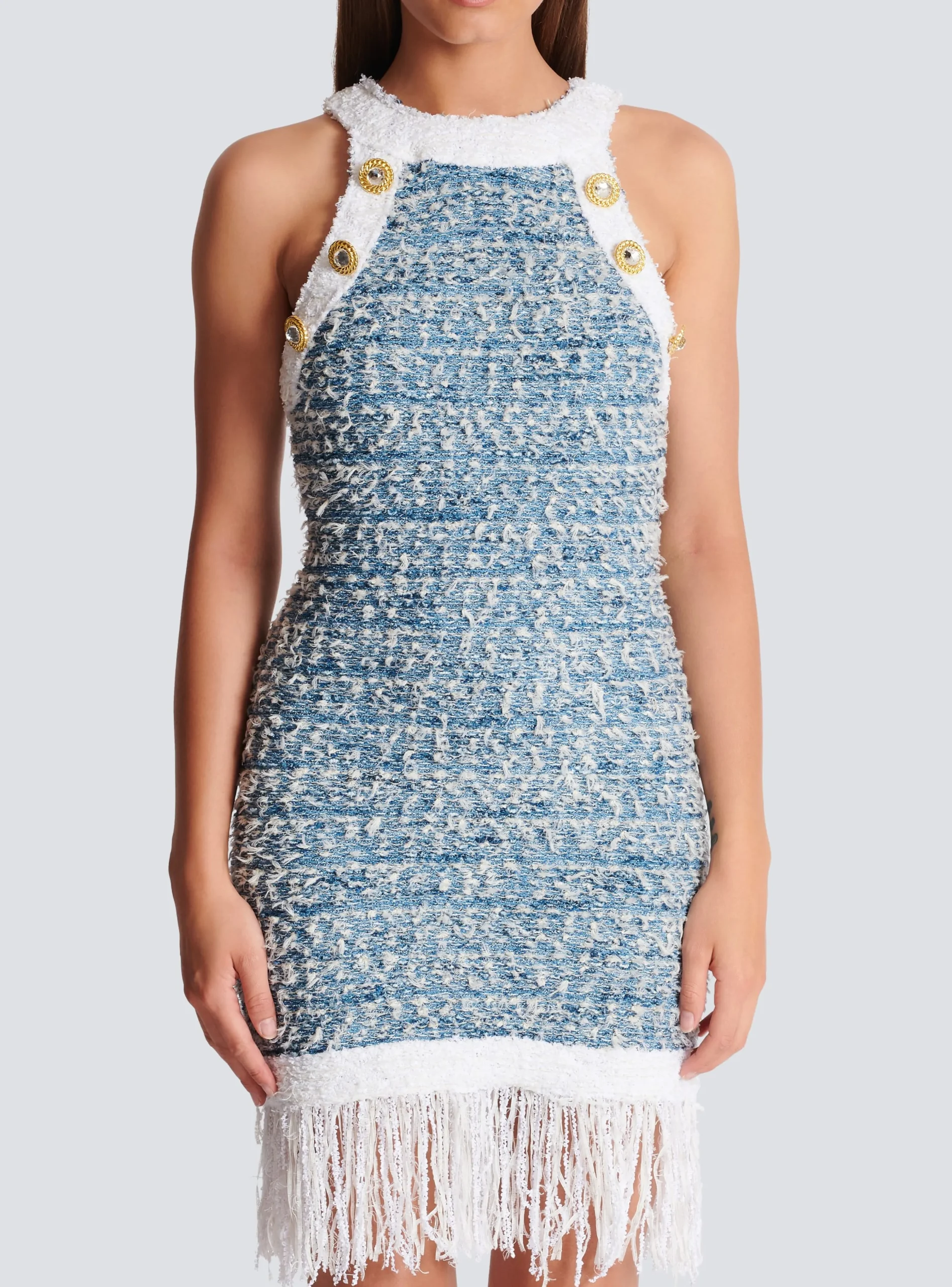 Women Balmain Fringed Denim Tweed Dress