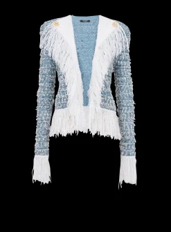 Women Balmain Fringed Denim Tweed Jacket