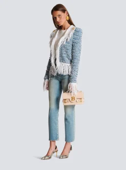 Women Balmain Fringed Denim Tweed Jacket