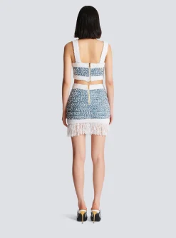 Women Balmain Fringed Denim Tweed Skirt