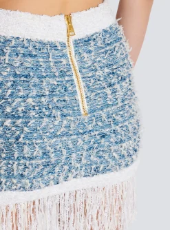 Women Balmain Fringed Denim Tweed Skirt