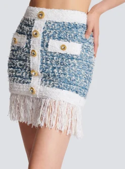 Women Balmain Fringed Denim Tweed Skirt