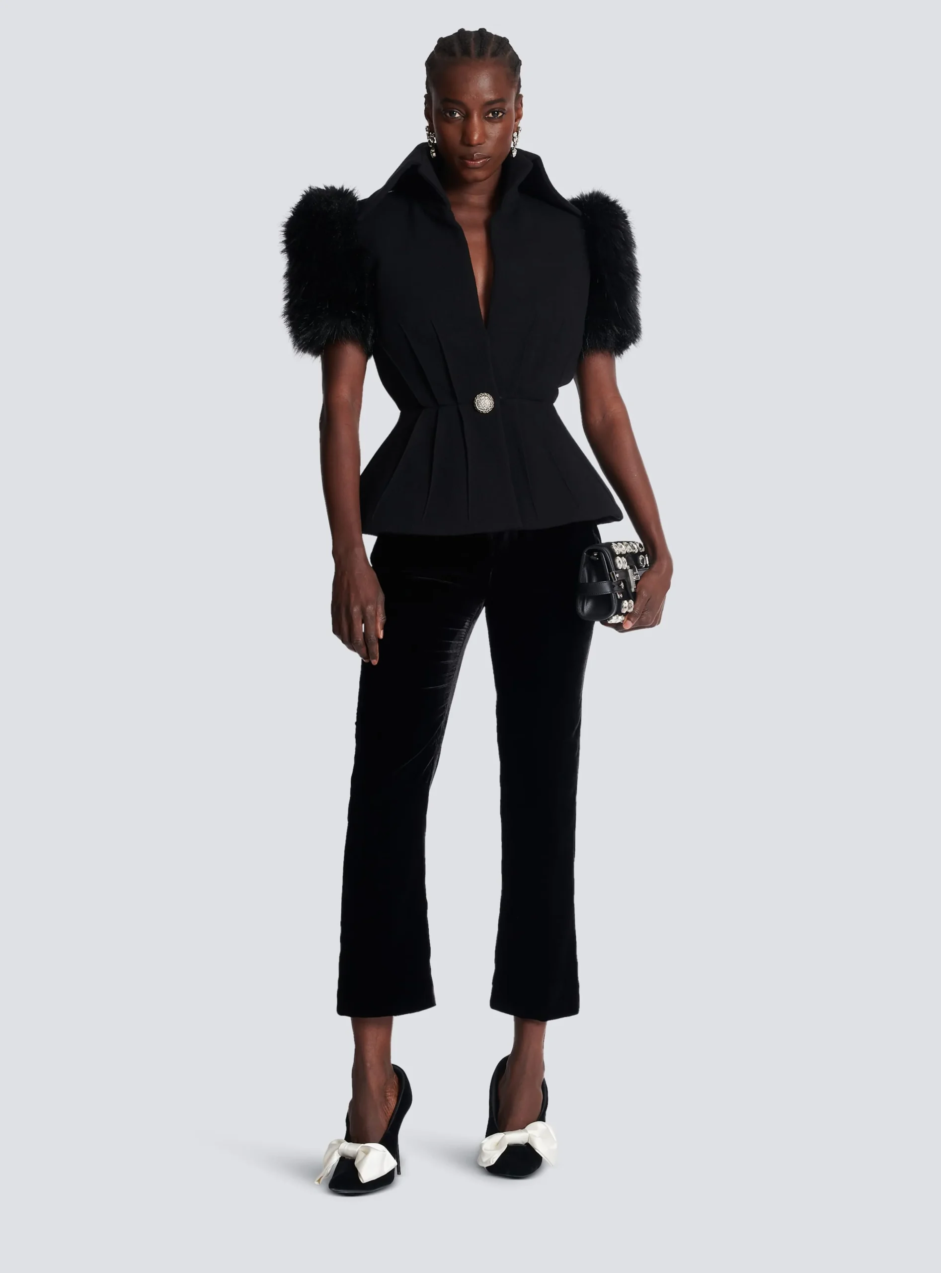 Women Balmain Jacket With Short Faux Fur Sleeves