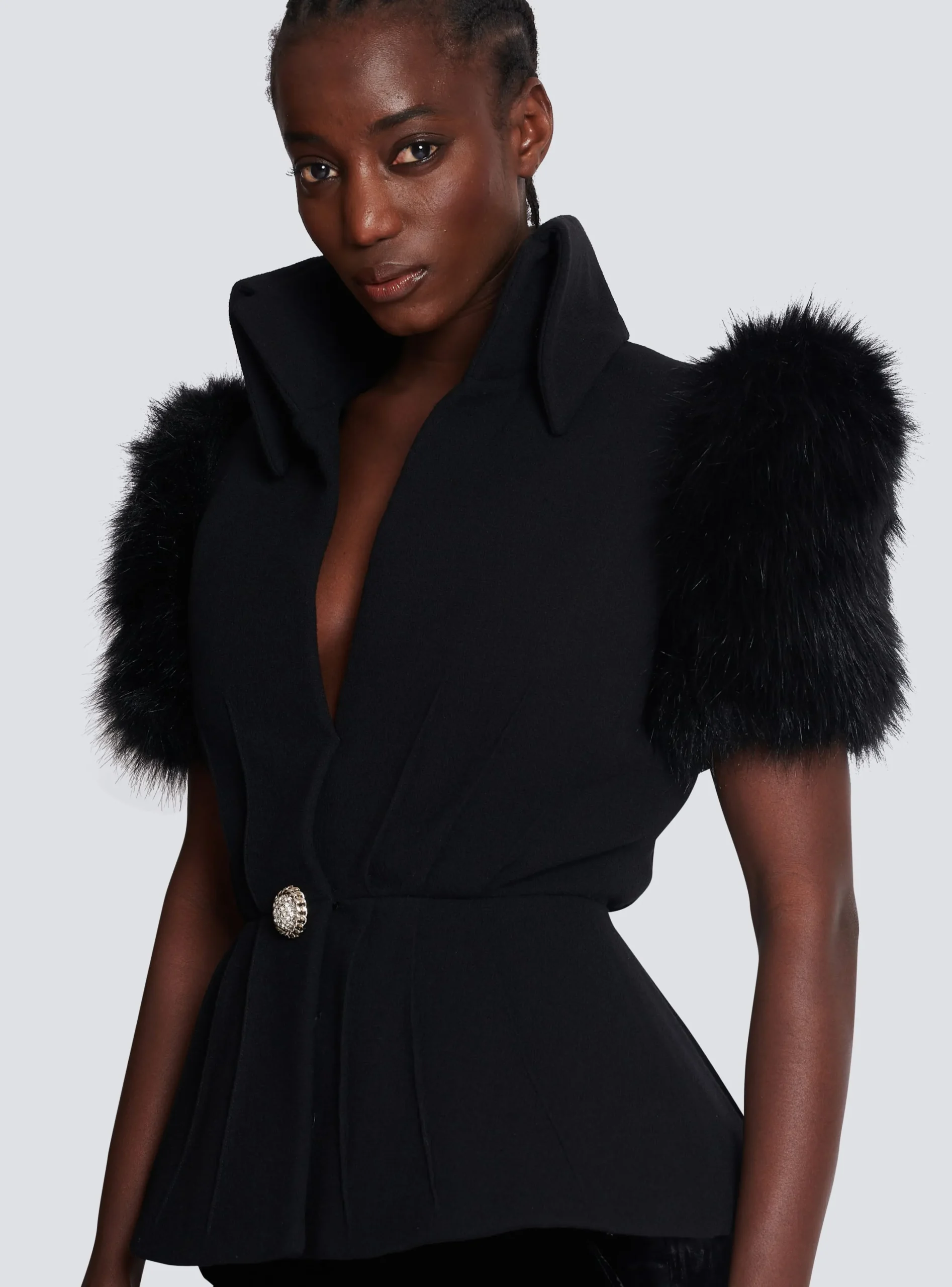 Women Balmain Jacket With Short Faux Fur Sleeves