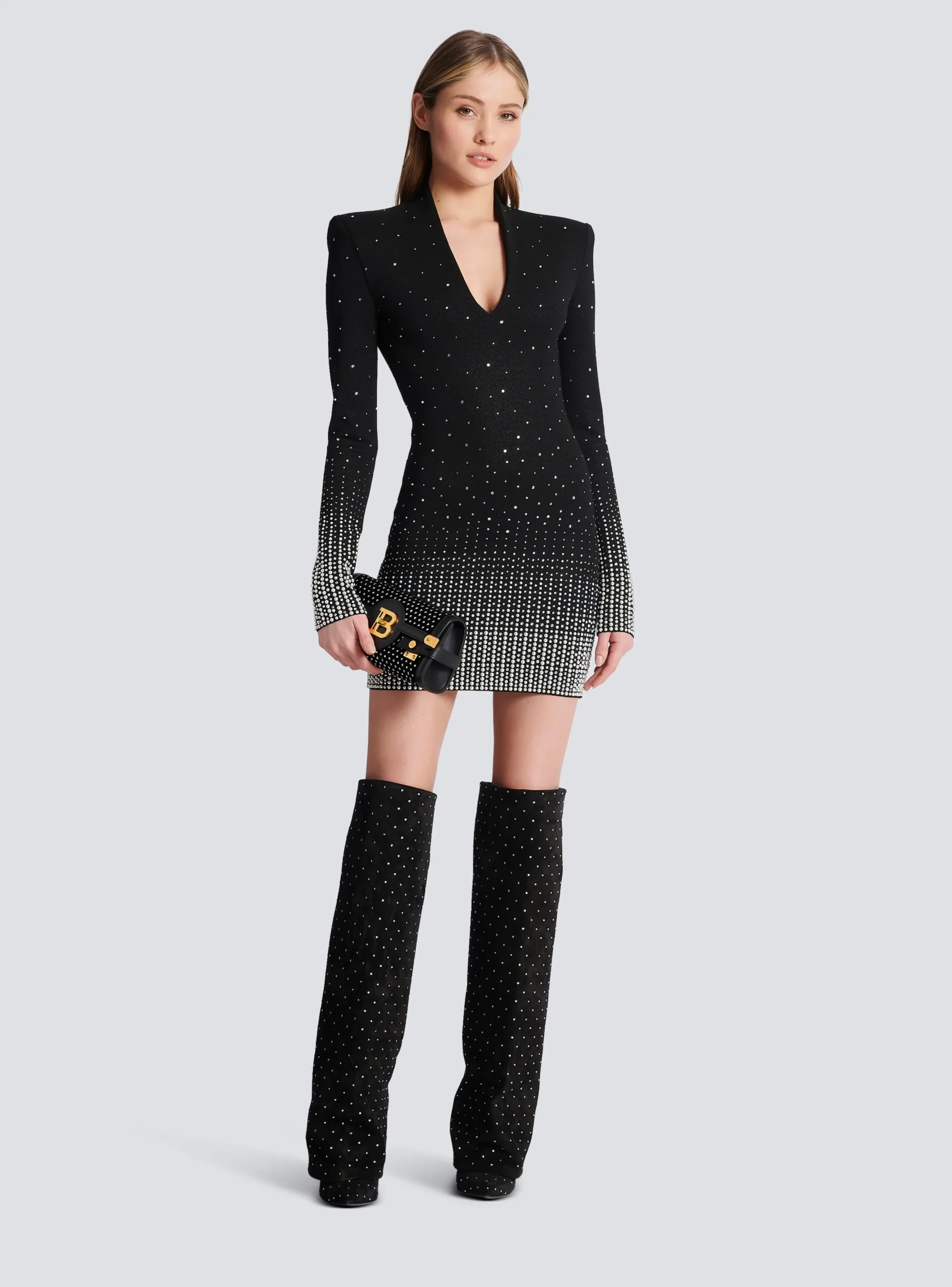 Women Balmain Knit Dress With Pearl And Crystal Embroidery