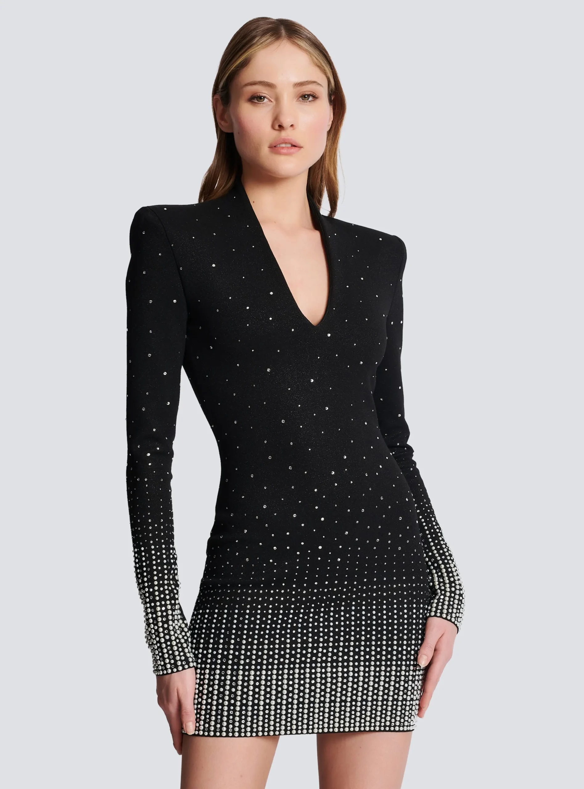 Women Balmain Knit Dress With Pearl And Crystal Embroidery