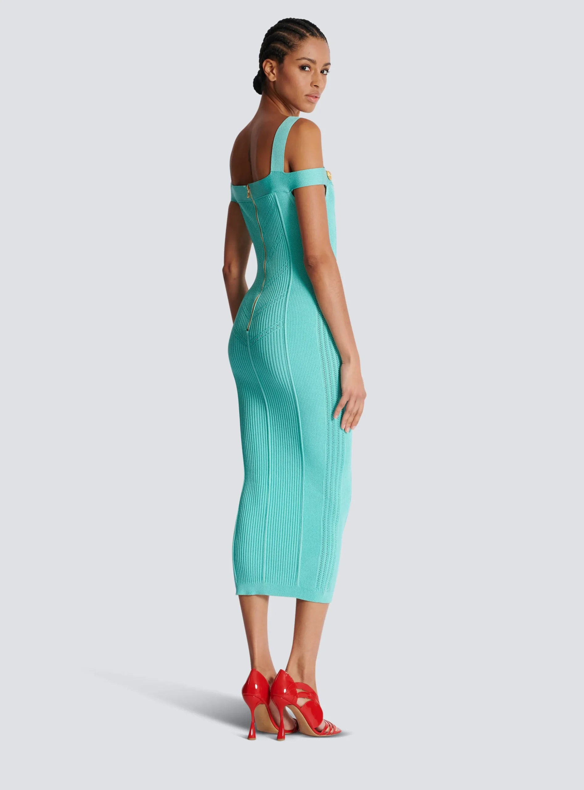 Women Balmain Knit Midi Dress With Double Straps