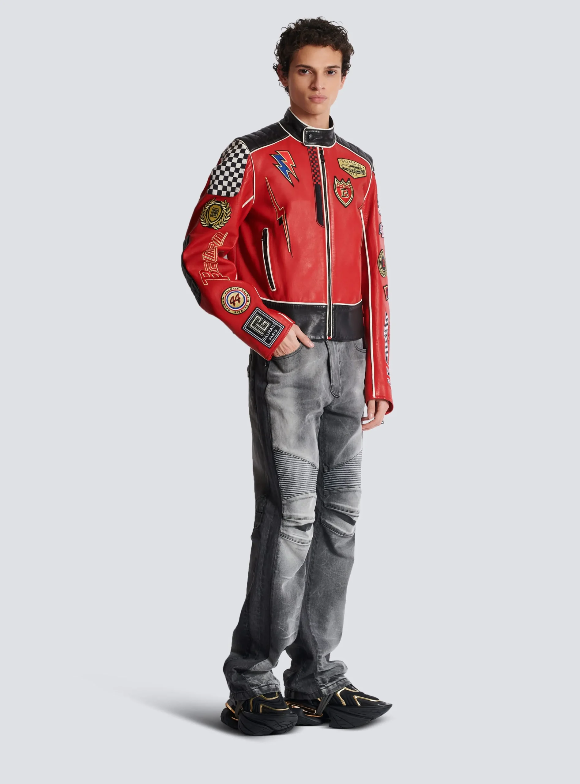 Balmain Lambskin Jacket With Racing Patches