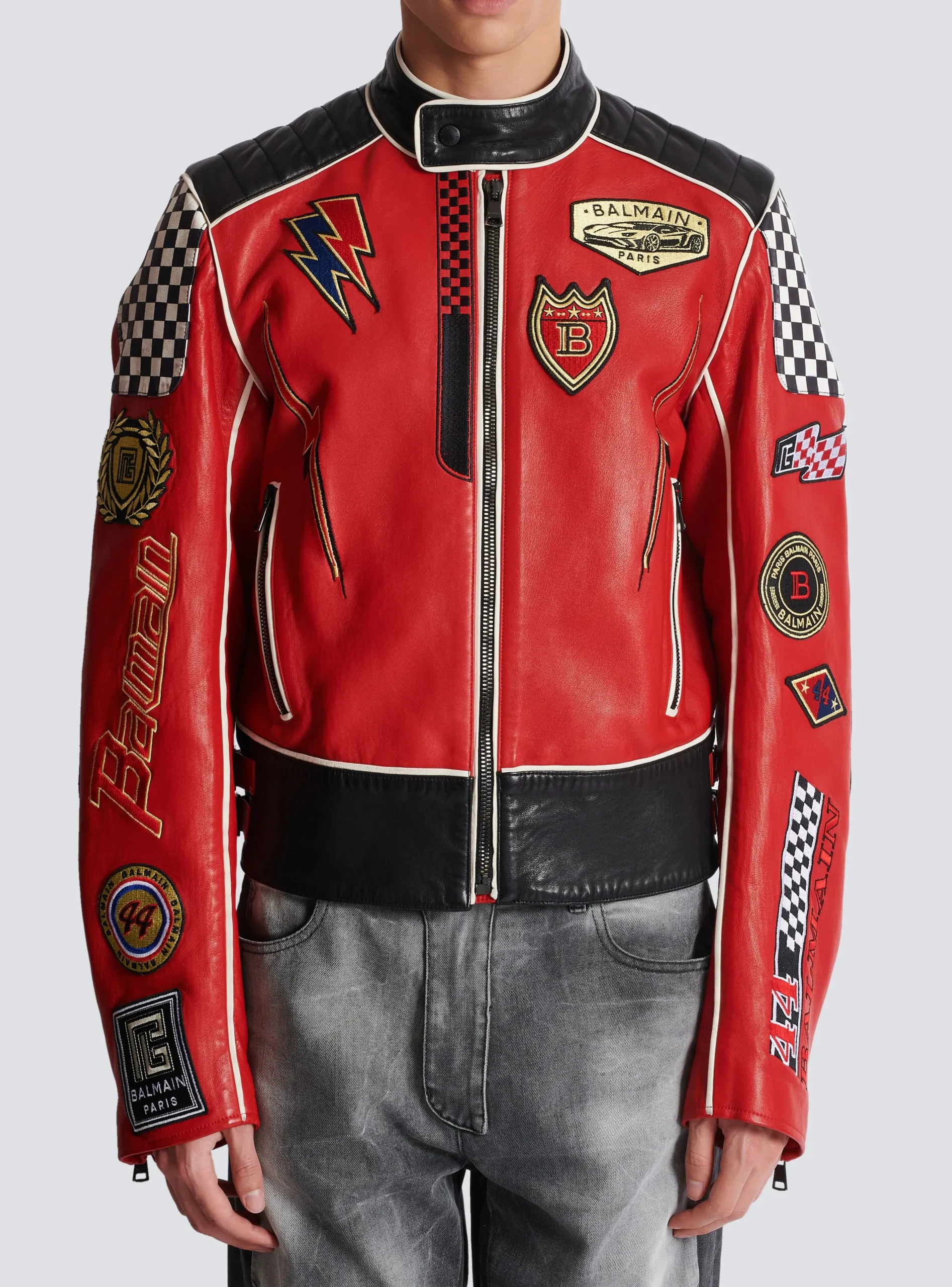 Balmain Lambskin Jacket With Racing Patches