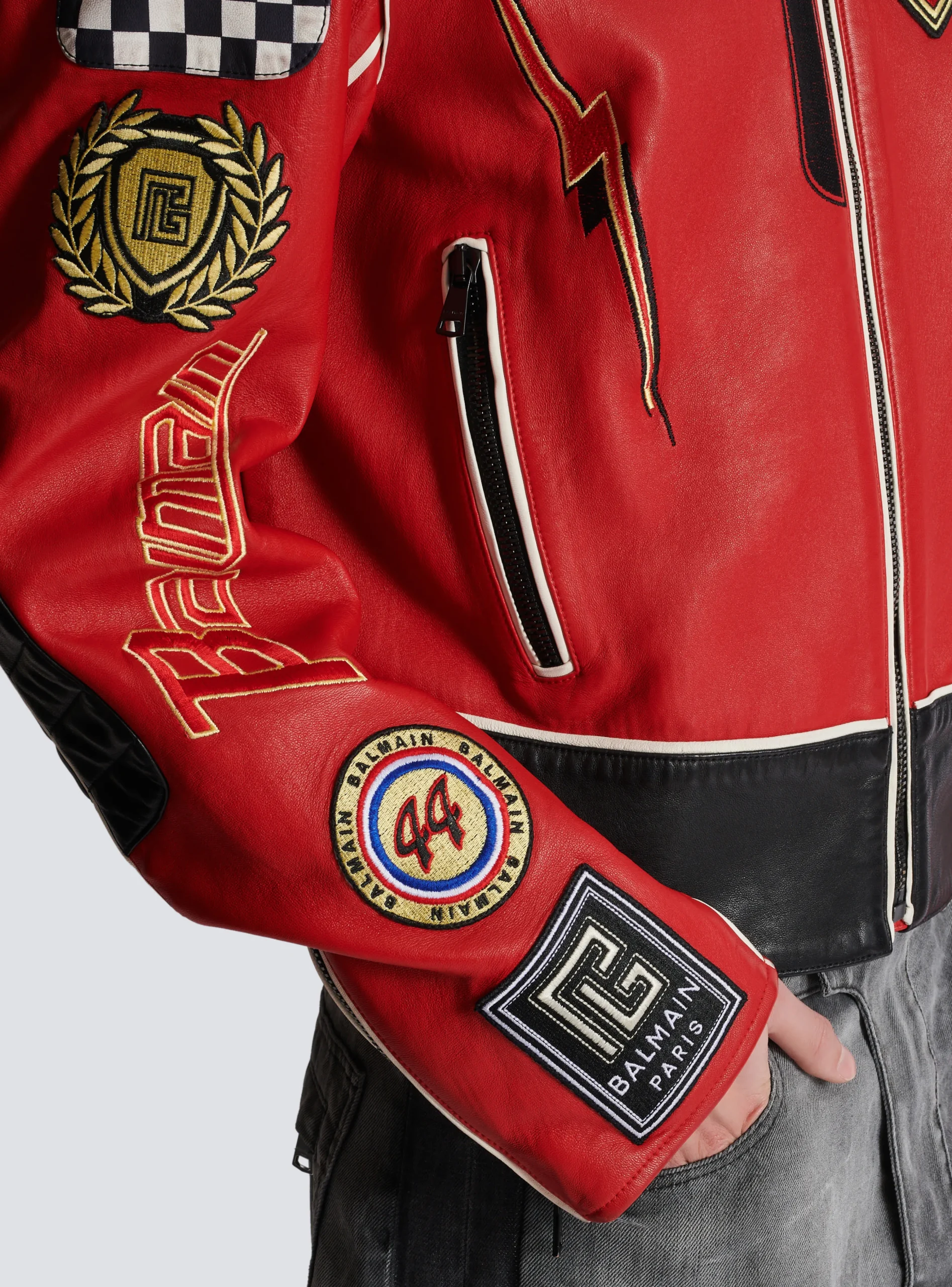 Balmain Lambskin Jacket With Racing Patches