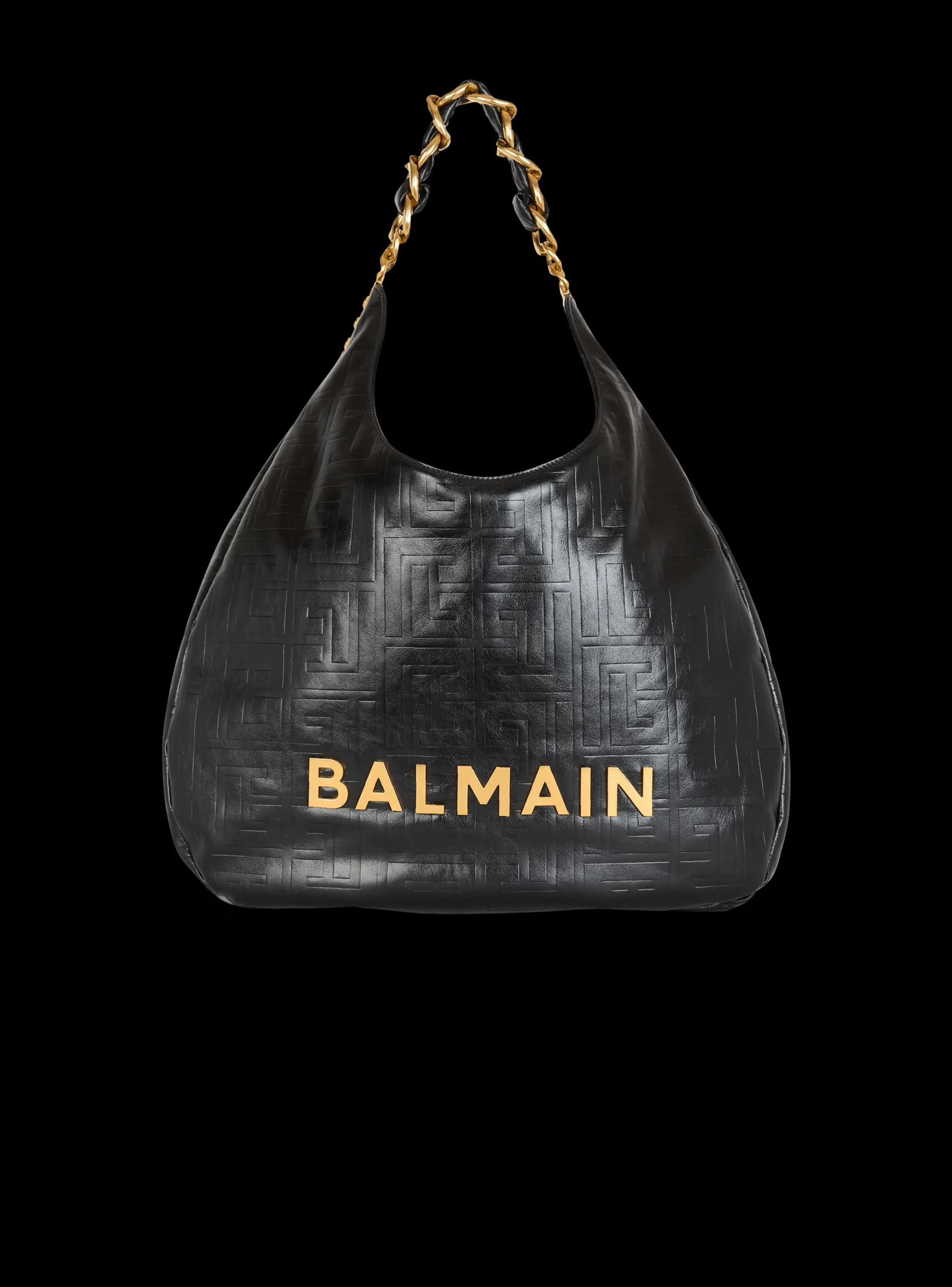 Women Balmain Large 1945 Soft Hobo Bag In Embossed Crinkled Calfskin With A PB Labyrinth Monogram