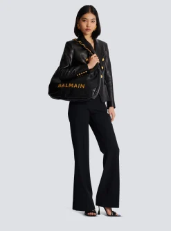 Women Balmain Large 1945 Soft Hobo Bag In Embossed Crinkled Calfskin With A PB Labyrinth Monogram