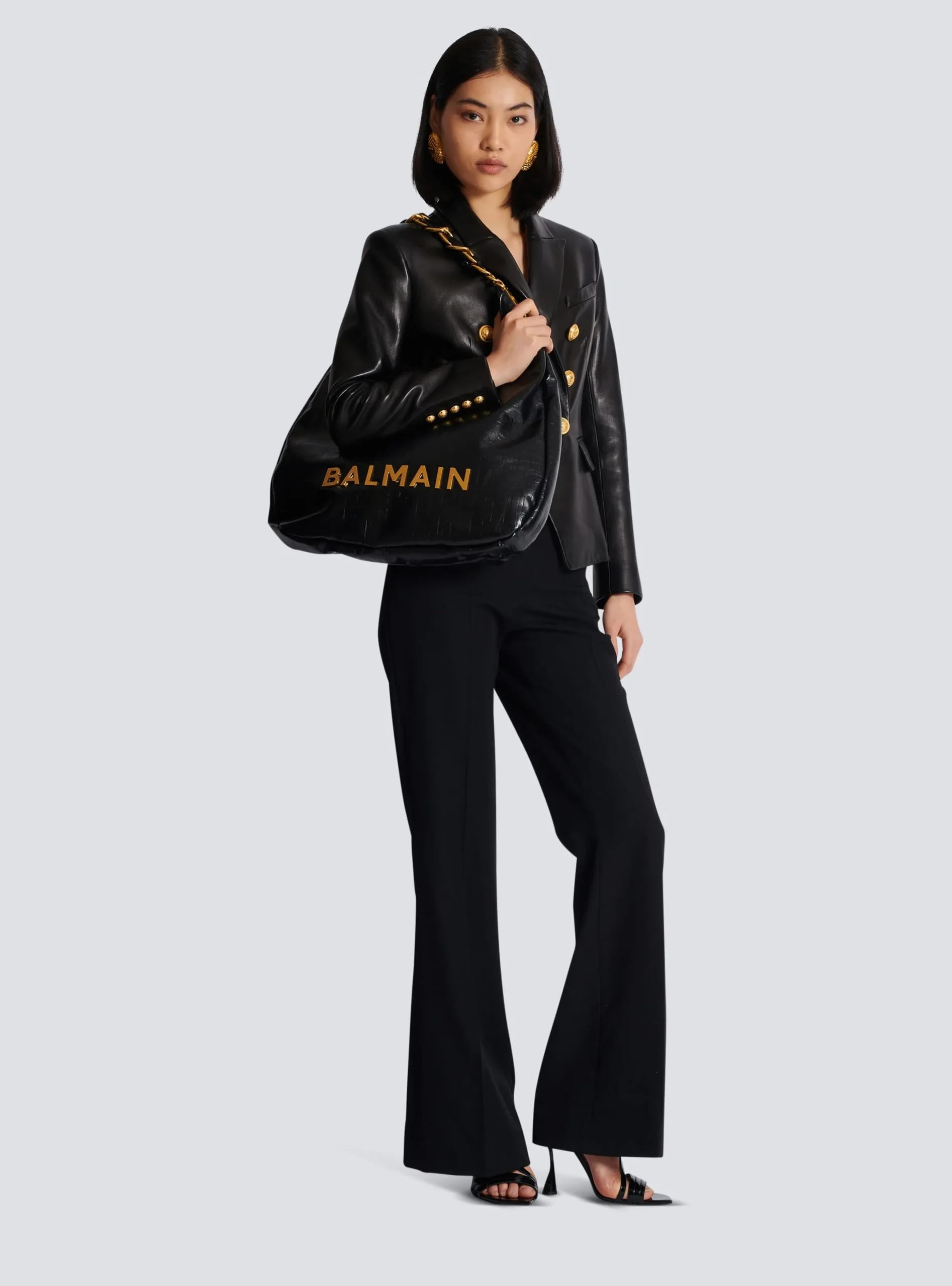 Women Balmain Large 1945 Soft Hobo Bag In Embossed Crinkled Calfskin With A PB Labyrinth Monogram