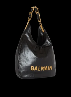 Women Balmain Large 1945 Soft Hobo Bag In Embossed Crinkled Calfskin With A PB Labyrinth Monogram
