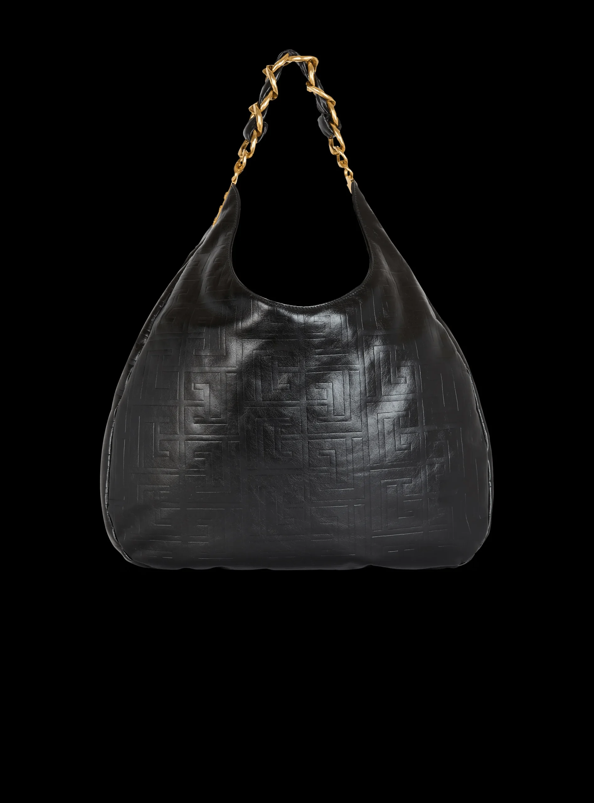 Women Balmain Large 1945 Soft Hobo Bag In Embossed Crinkled Calfskin With A PB Labyrinth Monogram