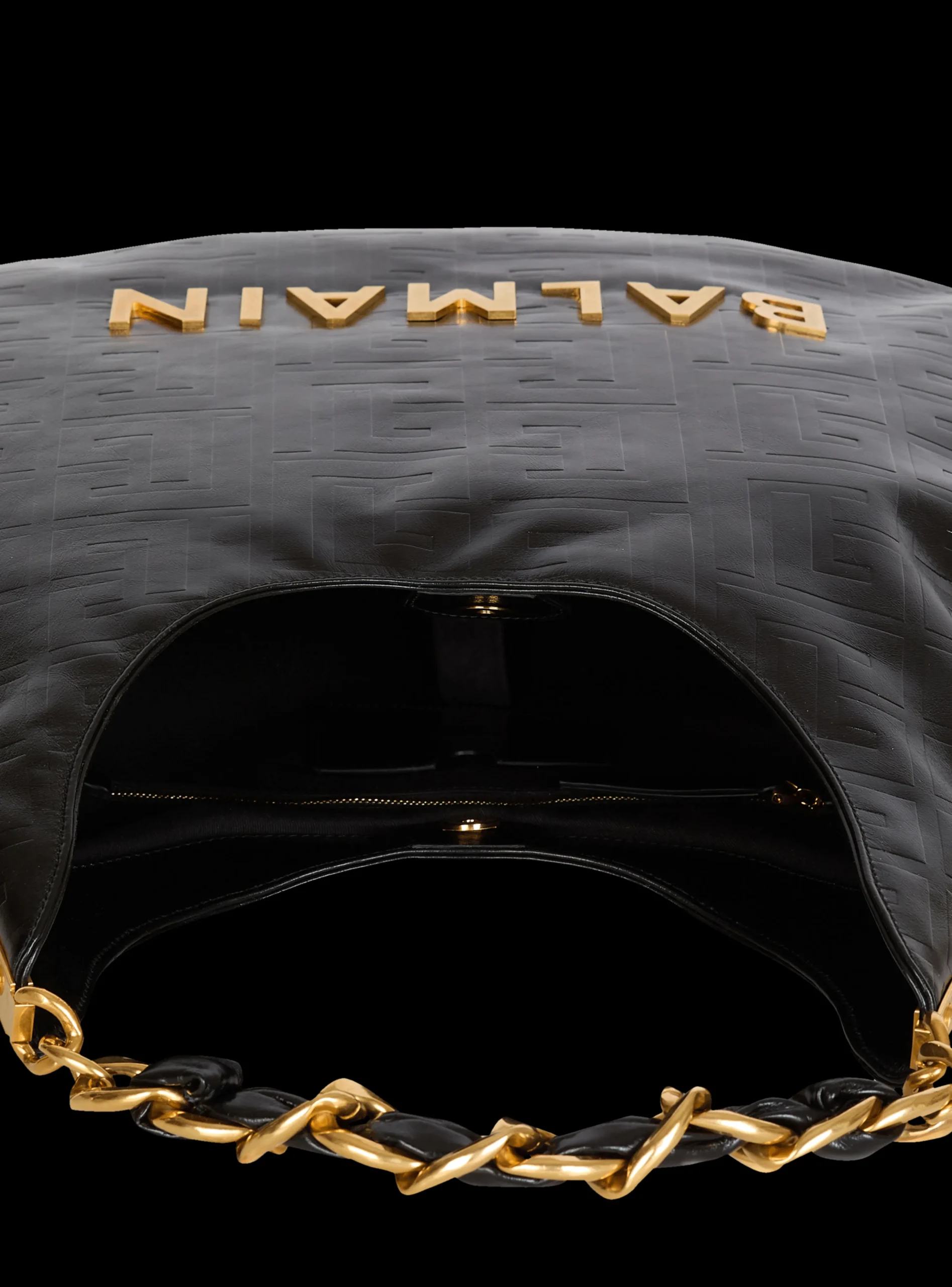 Women Balmain Large 1945 Soft Hobo Bag In Embossed Crinkled Calfskin With A PB Labyrinth Monogram